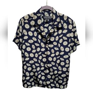 Linda Allard Ellen Tracy Navy and Cream Patterned Button-Up Silk Shirt